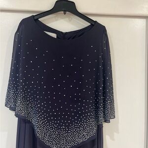 David's Bridal Asymmetrical Navy Dress with Pearl Details